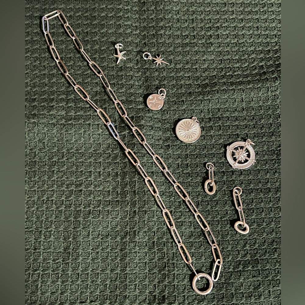 Link Paperclip Silver Charm Necklace Set